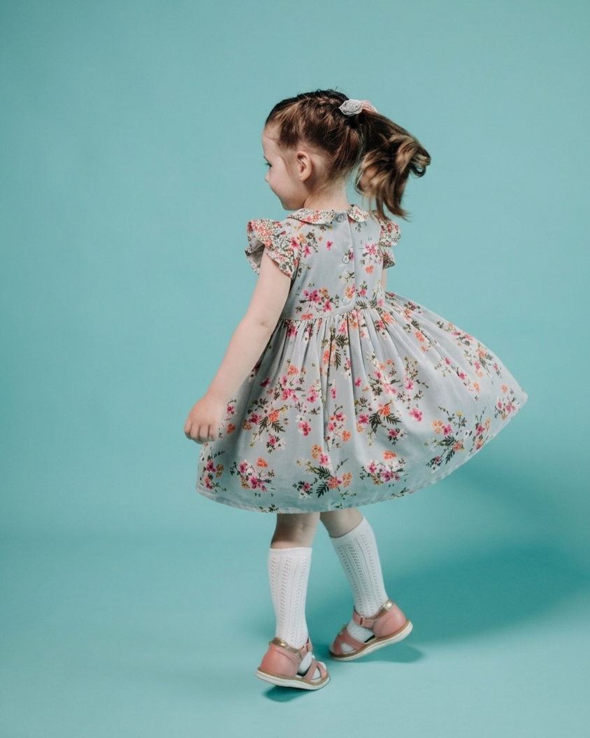 Robe Rosabelle bleu pâle à fleurs et à volants